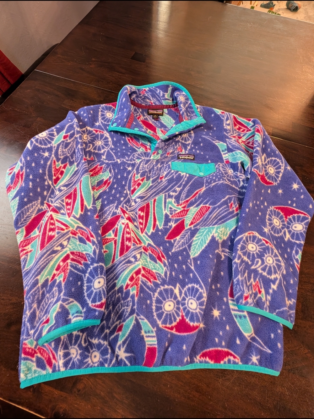 Patagonia Synchilla Snap T Purple Fleece Pullover, Owls, Women's M